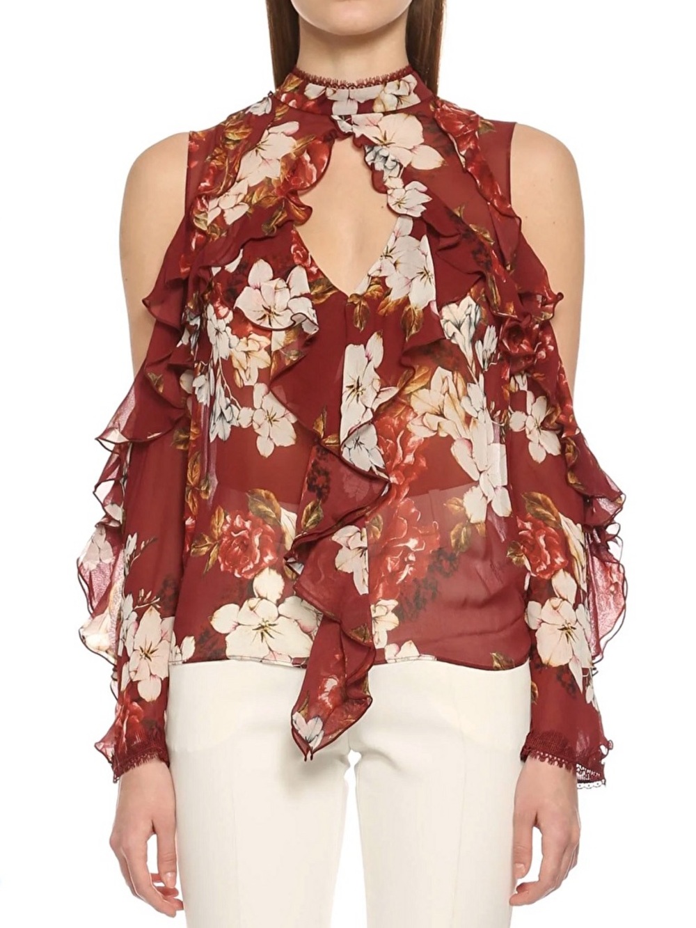 NICHOLAS Celeste Cold Shoulder Silk Blouse Top, Ruffle Floral sz. 2